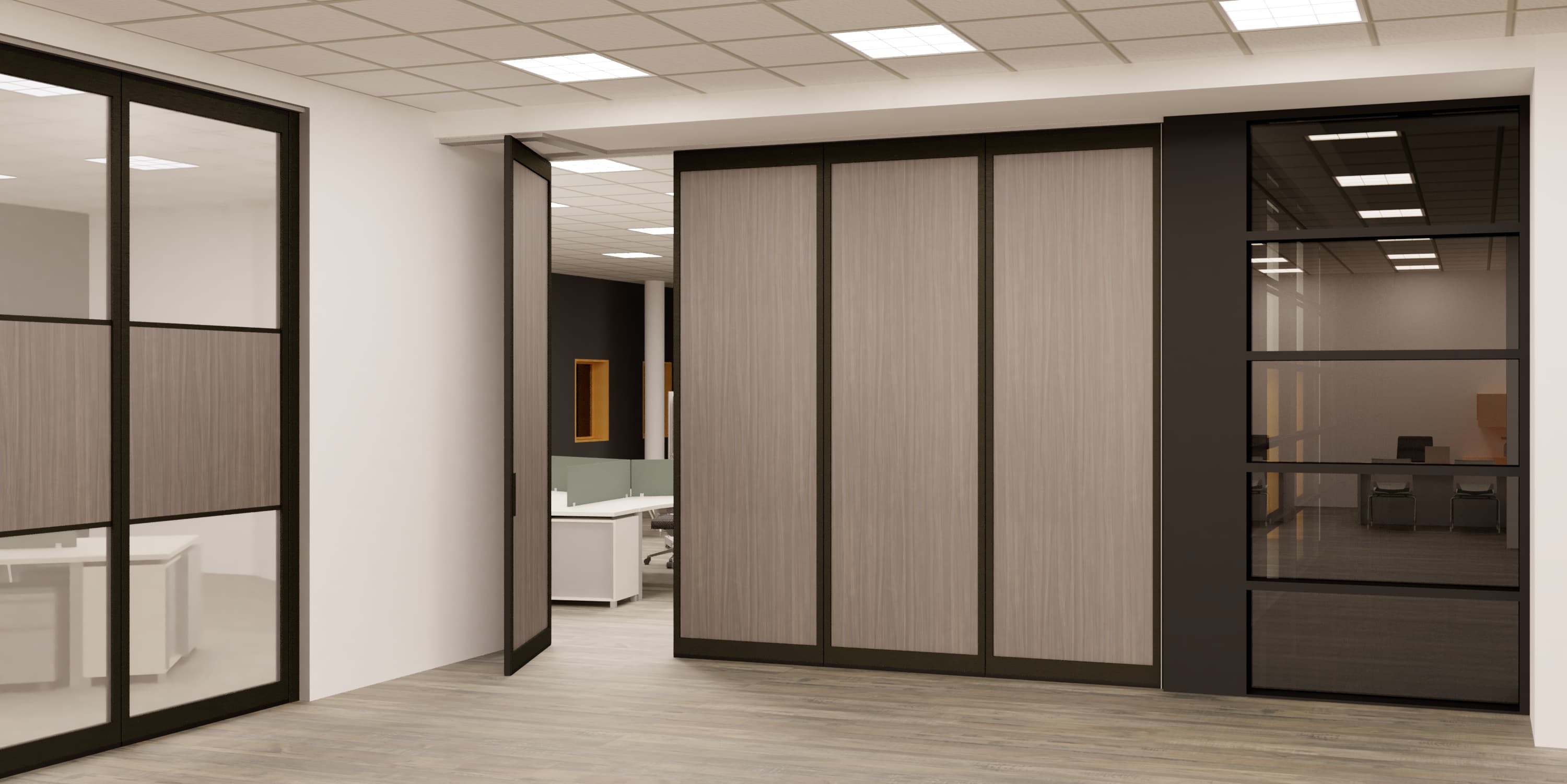 Modern commercial space featuring operable wall panels with warm wood finishes